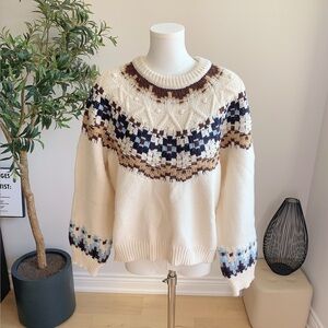 Vintage Fair Isle Nordic Knit Sweater Cream Cozy Winter Pullover